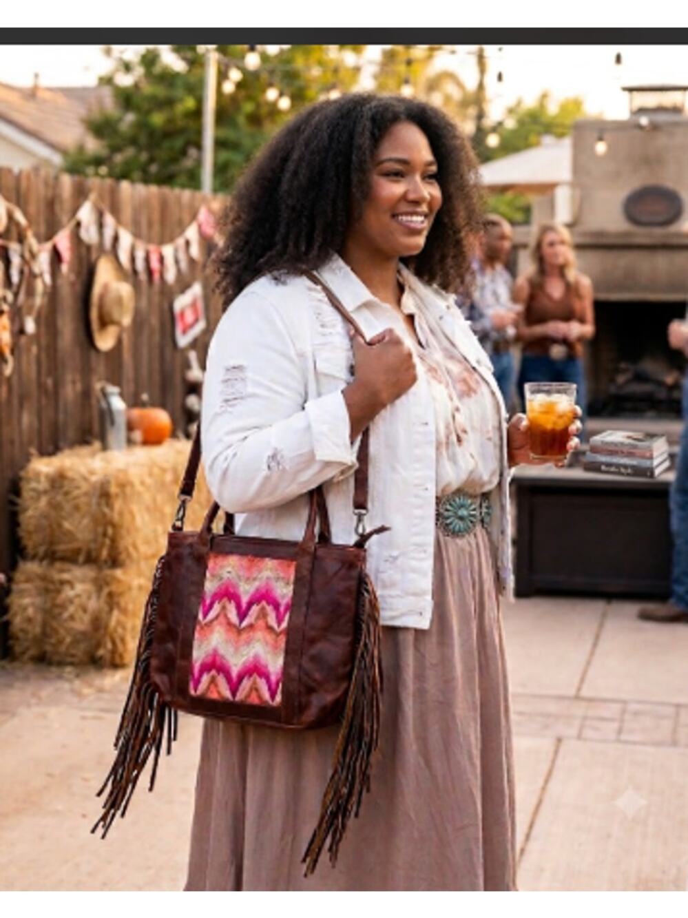 Nena & Co. Fringe Perfect Bag Brown Leather & Pink Huipil Boho Artisan Tote